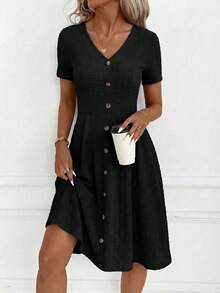 SHEIN Clasi Đầm dệt jacquard thanh lịch, thích hợp mặc hàng ngày. - màu đen - Xem 4