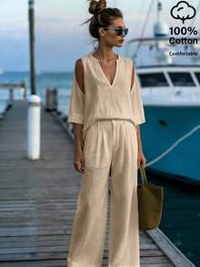 EMERY ROSE Women's Off-Shoulder V-Neck Blouse And Cotton Pants 2 Pieces Set - Apricot - View 4