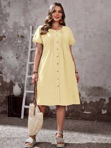 Vestido casual de mujer talla grande de unicolor, cuello redondo, manga corta abullonada, diseño de un solo pecho y plisado - Amarillo claro - Ver 4