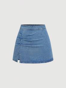 Sweetra Chân váy denim ngắn xẻ tà xếp ly mùa hè dành cho nữ - Màu xanh lam - Xem 1