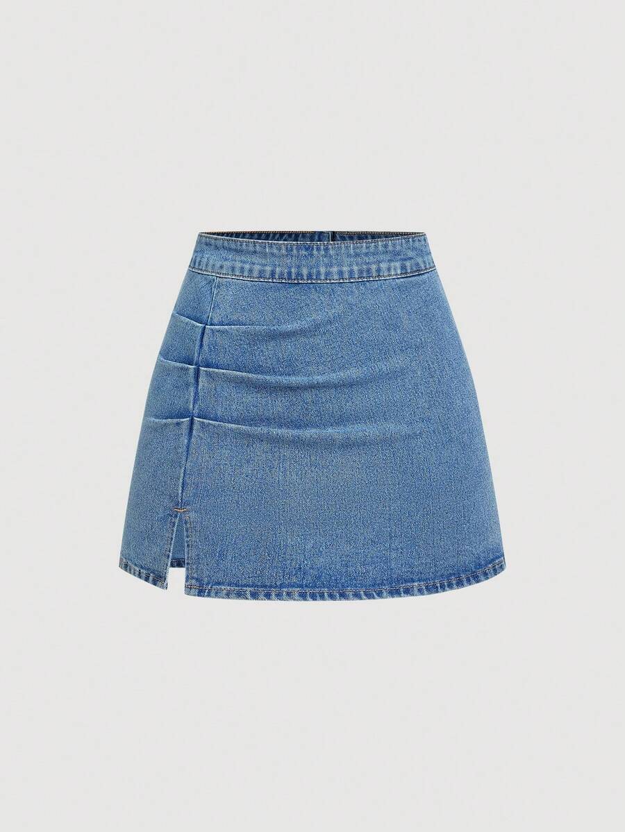 Sweetra Chân váy denim ngắn xẻ tà xếp ly mùa hè dành cho nữ - Màu xanh lam - Xem 1