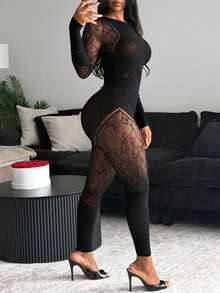 BamGleam 女士性感镂空透视网纱连体裤 - 黑色 - 查看 1
