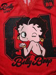 Betty Boop x SHEIN T-shirt décontracté polyvalent pour femmes grandes tailles, col en V, avec dentelle, nœud et imprimé de dessin animé - Rouge - Voir 3
