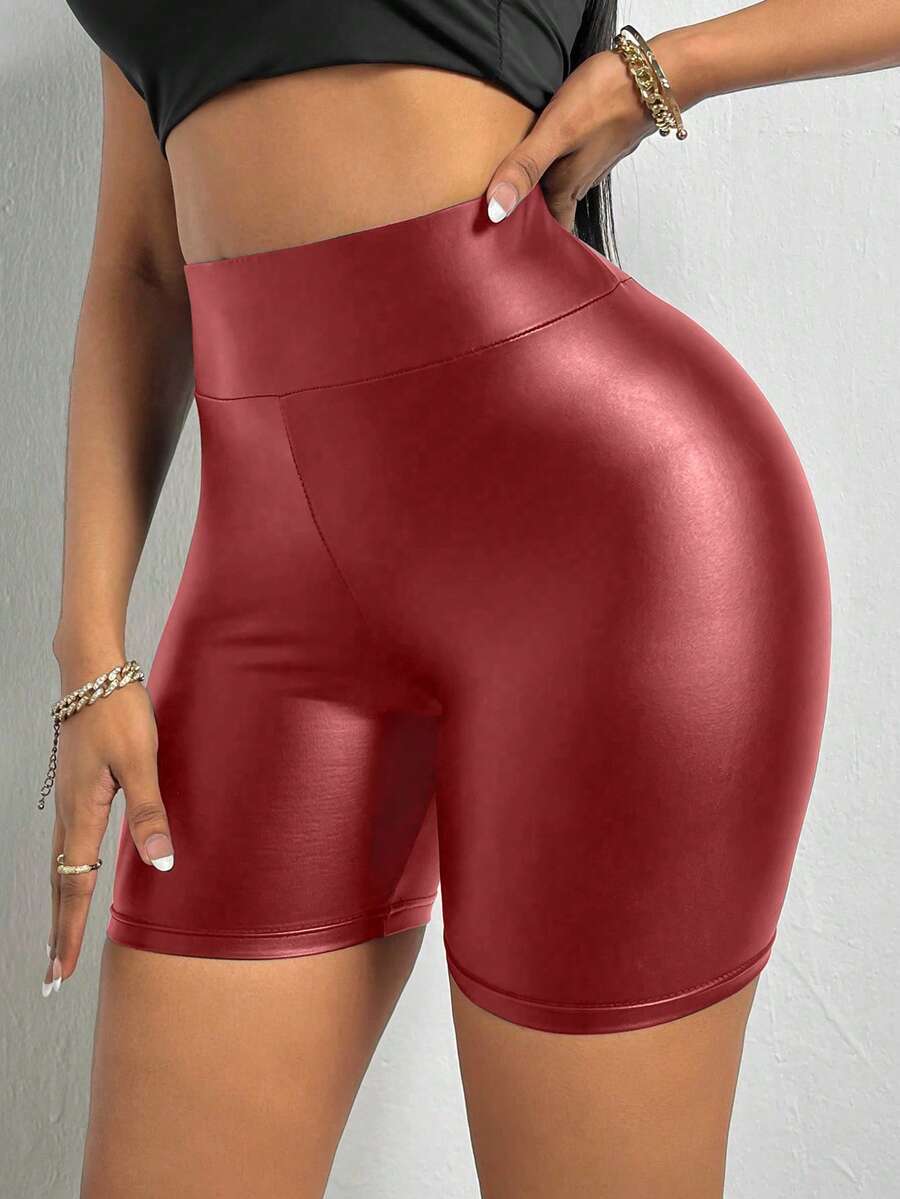 SHEIN SXY 女士纯色高腰PU皮短裤 - 酒紅色 - 查看 1