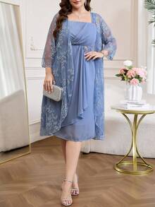 Reflora Conjunto elegante de bata y vestido de malla bordada para mujer de talla grande - Azul - Ver 6