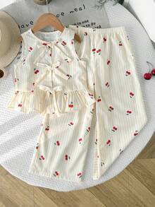Bộ 2 món cho bé gái, gồm áo tank top và quần dài in họa tiết quả mơ đào mùa hè, trang phục thường ngày đa năng, phù hợp cho dã ngoại, du lịch, cắm trại, chụp ảnh, hoặc mặc cùng gia đình. - Màu be - Xem 5