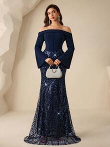 Coutiva Women's Beaded One-Piece Formal Evening Gown (Heavily Embellished) - Navy Blue - View 7