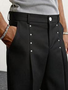 PAVTROS Men's Black Pants, Rivet Design, High-Fashion Versatile Loose Casual Trousers - Black - View 4