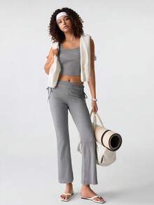 Loungeista 2pcs Set Spring Summer Autumn Casual Pajamas, Solid Color Drawstring Flared Pants Loungewear Set, Slimming Commuter Sleepwearfor Summer - Grey - View 8