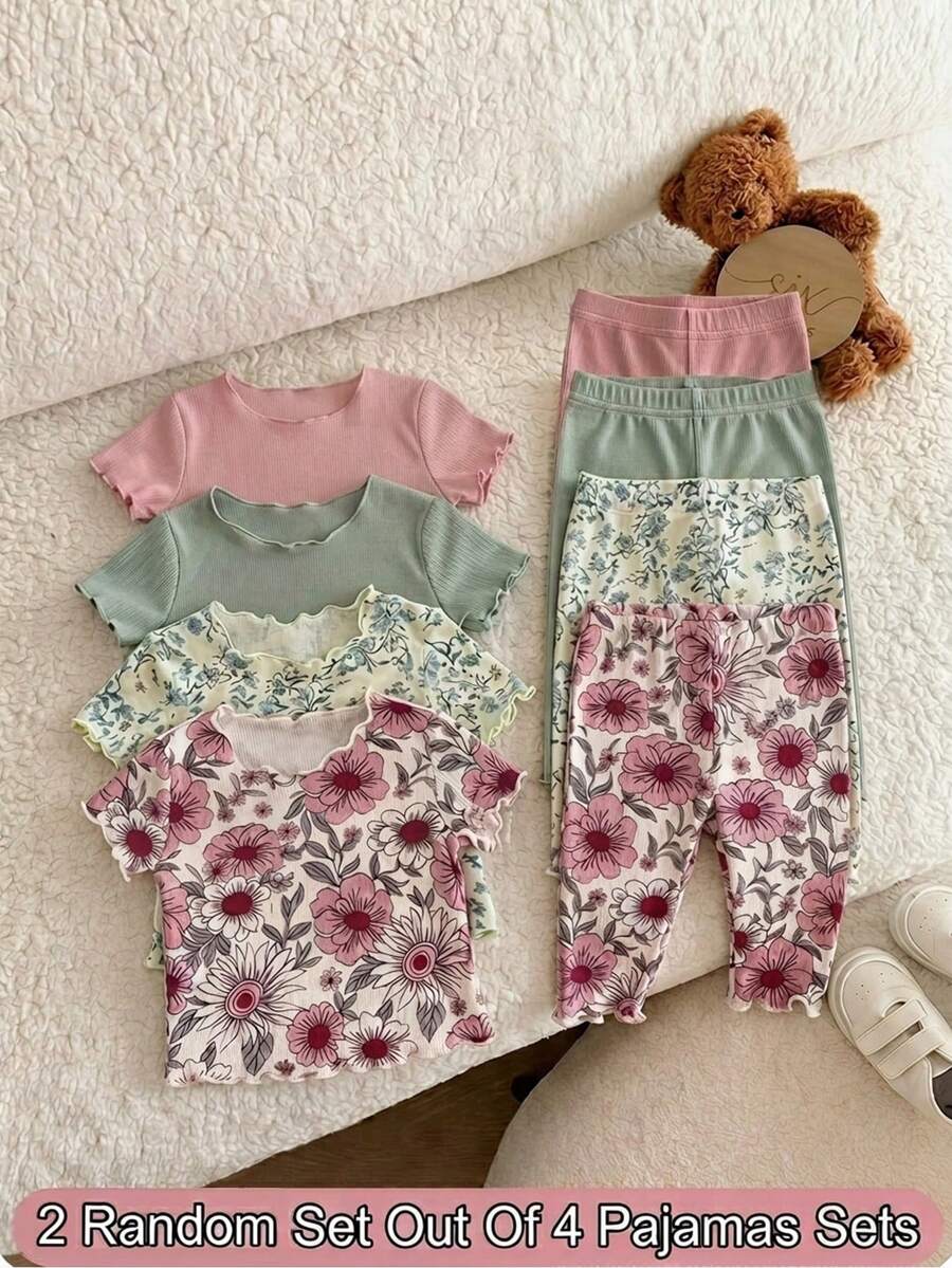 Kids Newborn Baby Girl Cute Cartoon Floral Pattern Ruffle Trim Round Neck Short Sleeve Pants Comfy Knit Pajama Set, 4-Piece - Pink - View 1