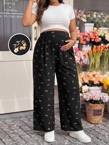 Plussiva Calça casual de uso diário com estampa total, plissada, Plus Size para gestantes - Preto - Visão 10
