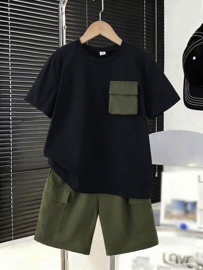 2pcs/Set Boys' Crew Neck Short Sleeve Contrast Color Cargo Pocket T-Shirt & Matching Cargo Shorts, Suitable For Summer Outdoor, Commute, School, Sports