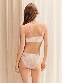 lacRébo Cream Ribbed Knit Lingerie Set With Floral Motif And Pink Contrast Detailing Cute Lingerie Set Triangle Bra And Panty Set - Apricot - View 2