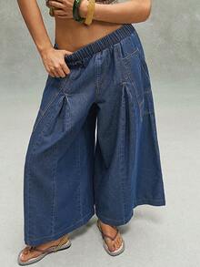 Bohemela BohoFeels Tenue bohème printemps/été : Pantalon ample en denim lavé, coupe large et cropped, style bohème décontracté pour femme. Parfait pour les escapades décontractées, les concerts de style western/country, les festivals de musique et les soirées. Convient pour les tenues de vacances à la plage, le port quotidien, la rentrée scolaire, les sorties et les soirées. Idéal aussi pour les looks inspirés des années 2000, la mode Y2K et les tenues estivales. - Bleu azur - Voir 2