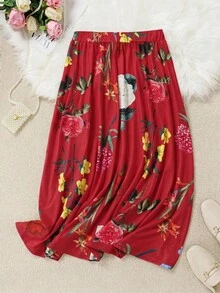 Franclia 大尺碼女款花卉印花鬆緊腰裙，適合度假穿著 - 紅色 - 查看 2