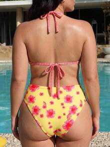 Swim Mod Plus Size Women 2pcs Floral Print Spaghetti Strap Sexy Beach Vacation Bikini Swimwear - Multicolor - View 2