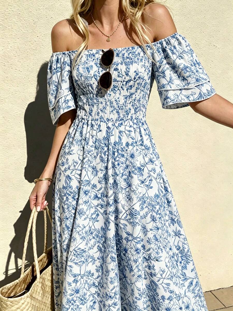 Selianne Vintage Blue Floral Print Off The Shoulder Midi Dress,Puff Short Sleeve Elastic High Waist Flowy A Line Swing Dress Women Summer Beach Vacation Outfit - Baby Blue - View 1
