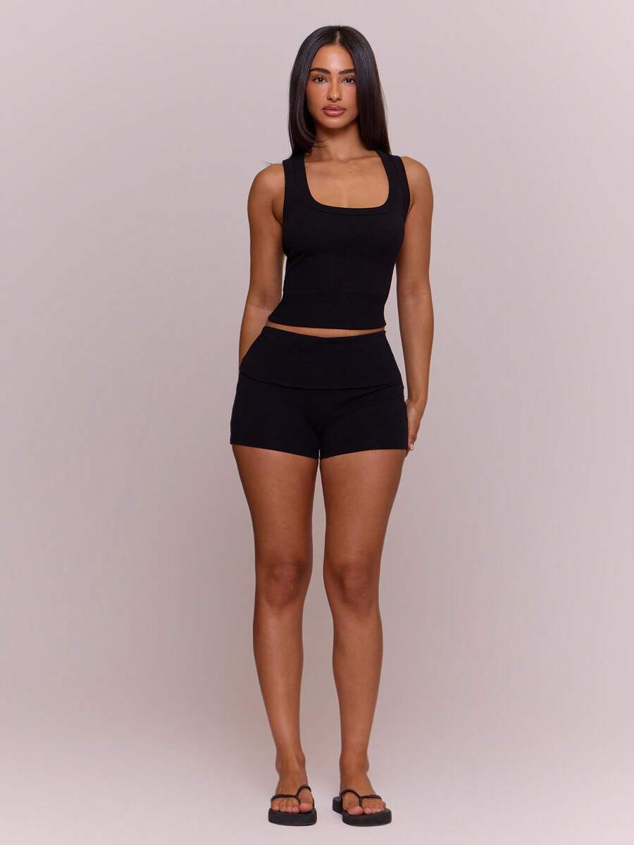 MUSERA ESSENTIALS Foldover Fitted Slinky Micro Mini Shorts Spring Summer Holiday Everyday Cute Daily Basics Simple Essential - Black - View 1