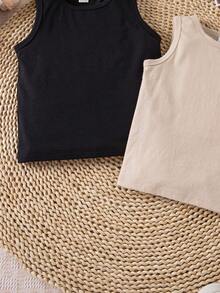 SHEIN Vintaside Kids 3件套少女百搭黑色、白色、卡其色弹力吊带背心，适合日常休闲、度假、夏季穿着 - 彩色 - 查看 7