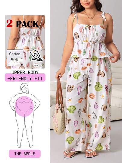 Solflare Conjunto de 2 piezas: Top de tirantes casuales con volantes en el bajo y pantalones de pierna ancha con cintura elástica, con estampado de elementos oceánicos, adecuado para múltiples ocasiones como salidas, fiestas, viajes, festivales de música, vuelta al colegio, vacaciones en la playa, paseos por la ciudad, disponible en tallas grandes