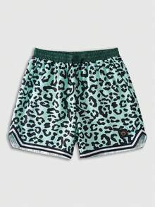 ROMWE MEN Prep Men's Summer Fashionable Street Casual Leopard Print Drawstring Waist Contrast Stripe Trim Basketball Shorts - Green - View 1