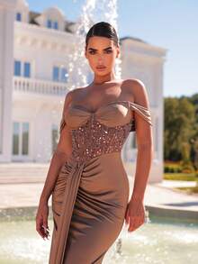 Glamrae Đầm bơi dáng đuôi cá trễ vai, xếp ly, sang trọng, đính cườm và sequin, chất liệu dệt kim co giãn, thích hợp cho đám cưới, tiệc tùng, kỳ nghỉ, dạ hội (đính kèm nhiều chi tiết trang trí). - Cà phê nâu - Xem 2