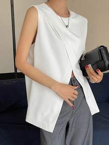 DAZY Women's Solid Color Crew Neck Slit Hem Casual Business Tank Top - White - View 3