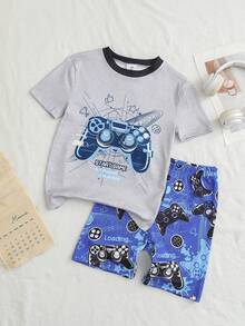 Set Piyama Anak Laki-Laki 2pcs/Set Atasan Rajut Lengan Pendek Leher Bulat Motif Permainan Video dan Celana Pendek, Bahan Lembut & Bernapas, Cocok untuk Dipakai di Musim Panas - MultiWarna - View 3