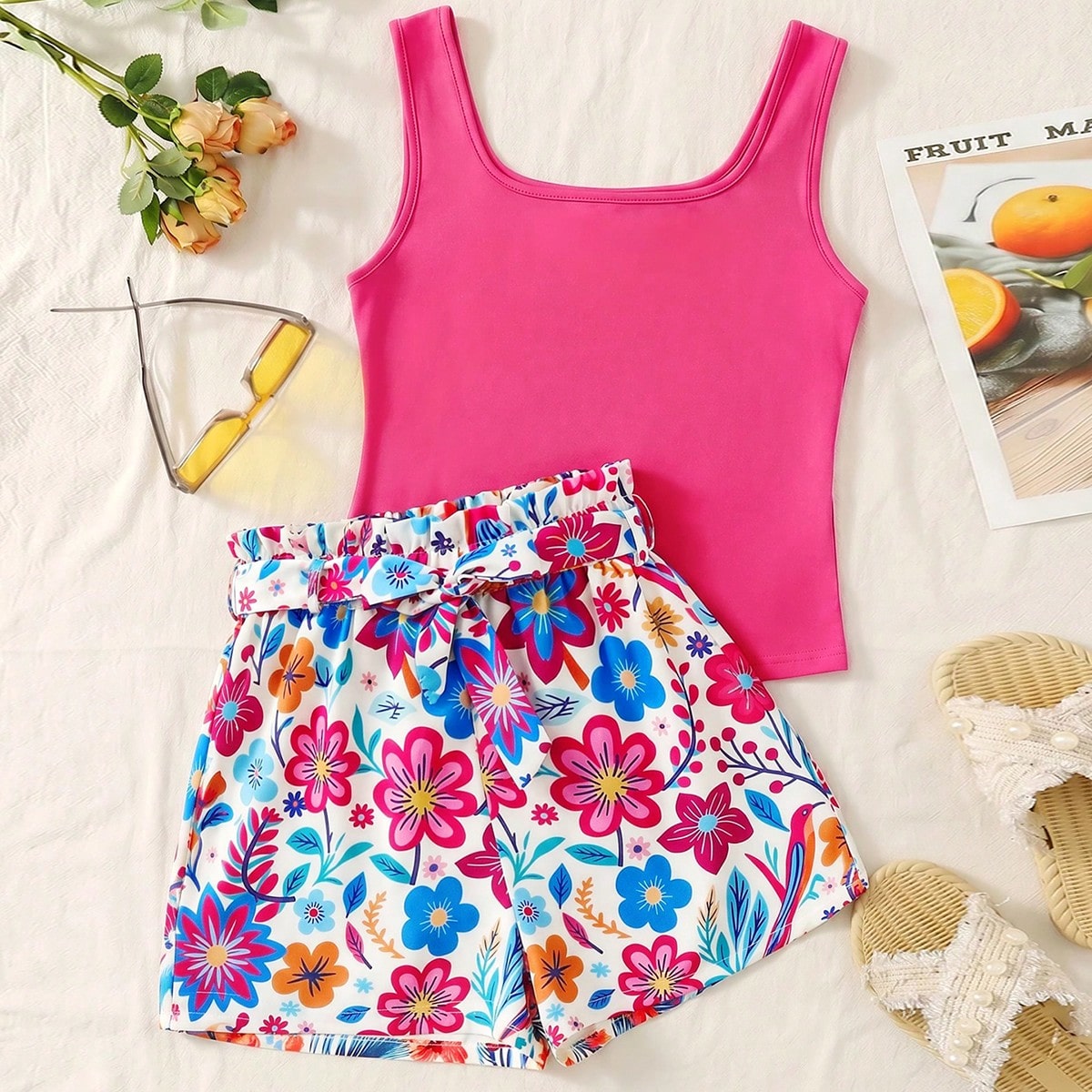 Conjunto de top de tirantes naranja con estampado de hojas coloridas y shorts sueltos, estilo de vacaciones adecuado para el verano
