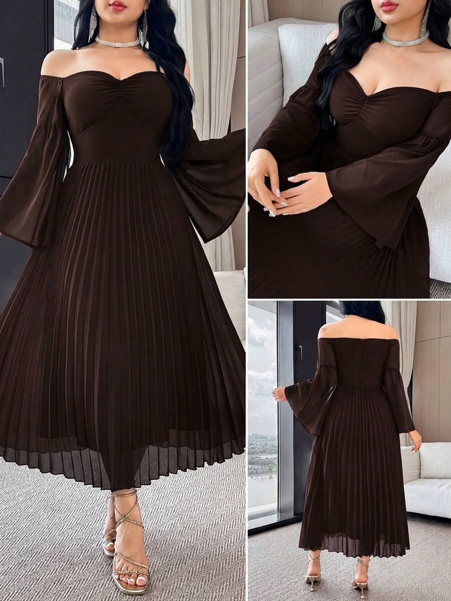 Modelyn Gaun Wanita Polos Lengan Mengembang Tanpa Bahu dengan Hem Berlipit, Panjang Sedang - Coffee Brown - View 1
