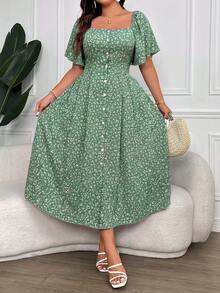 Vionelle Plus Size Women's Ditsy Floral Print Square Collar Buttoned Dress Maxi Women Outfit - Green - View 5