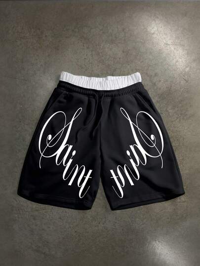 Manfinity ZONE917 Quần short nam phong cách đường phố retro Mỹ in chữ hoa "SAINT" kẻ caro với cạp quần hai lớp.