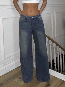 Ronhire Celana Jeans Kasual Wanita dengan Kancing Depan dan Saku Sederhana - Biru - View 1