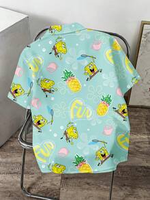 SpongeBob SquarePants | SHEIN Manfinity Joysei Áo sơ mi nam tay ngắn cài một hàng khuy, in hình quả dứa, kiểu dáng thường ngày. - màu xanh lá - Xem 2