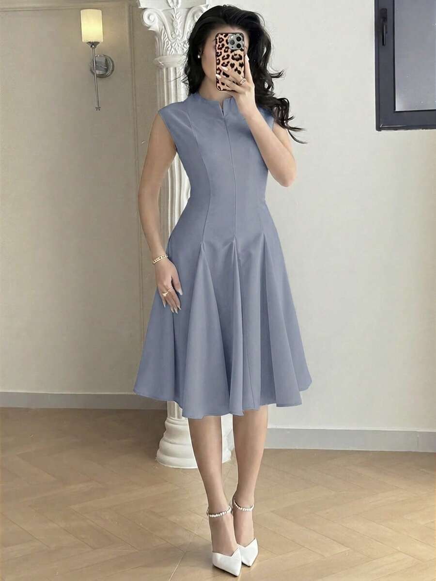 Feyla 女士纯色拉链设计优雅通勤迷你连衣裙