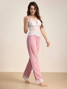 Hourtrue Women's Solid Color Lace Cami Top With Color Block Lace Patchwork Pants Pajama Set Pajamas Set For Womanfor Summer - Pink - View 7