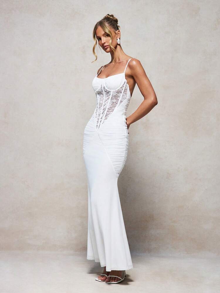 Ruched Lace Corset Mermaid Maxi Dress