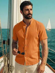 HIMLAND Men's Summer Woven Casual Commuter Front Button Short Sleeve Shirt - Orange - View 1