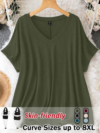 SHEIN CURVE+ 加大码加大码V领宽松针织套头T恤
