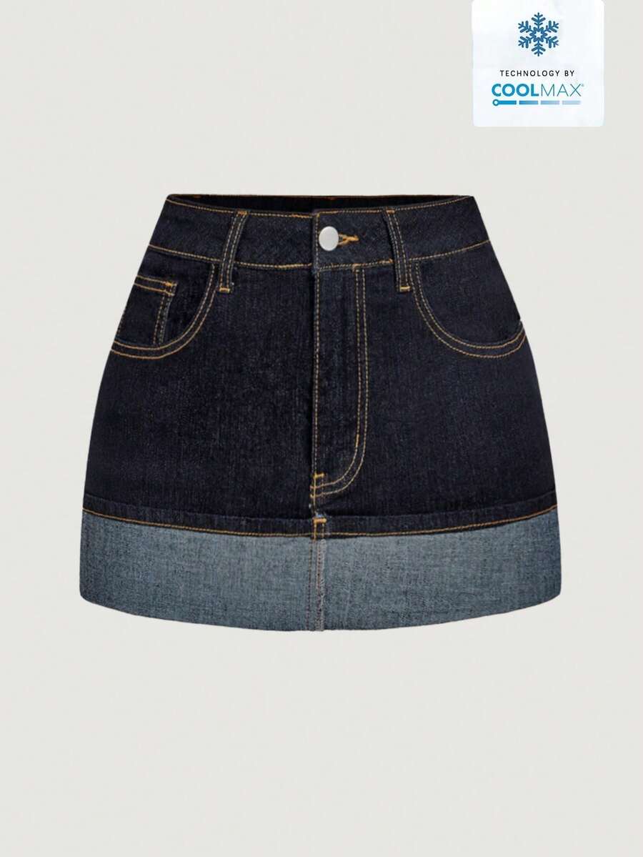 SHEIN MOD 女士带口袋卷边休闲百搭牛仔裙 - 深色水洗藍 - 查看 1