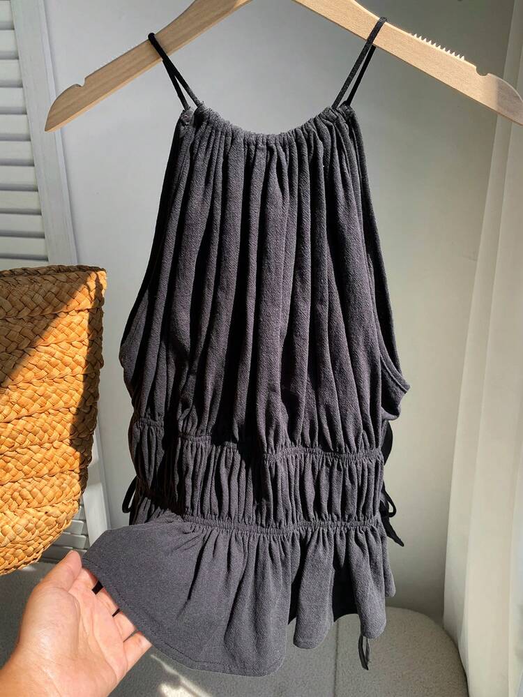 Comfortcana Women's Casual Black Cinched Waist Halter Top,Summer Top - Black - View 6