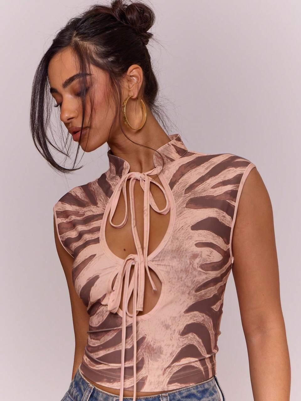 Animal Zebra Print Cut Out Tie Fitted Cap Sleeve Crop Top Sexy Spring Summer Evening Cute Elegant Date Night Festival Vacation Ibiza Club