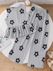 Tween Girl Floral Striped Ruffle Hem Camisole And Palazzo Pants 2 Pieces Set - Multicolor - View 2