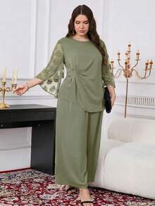 Reflora Plus Size Summer Elegant Mesh Patchwork Asymmetric Hem Top And Pants 2 Pieces Set - Mint Green - View 7