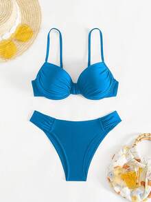 Swim SXY 女款黑色性感支撐抓皺平口上衣與比基尼泳褲兩件式泳裝套裝，夏季海灘裝 - 藍色 - 查看 6