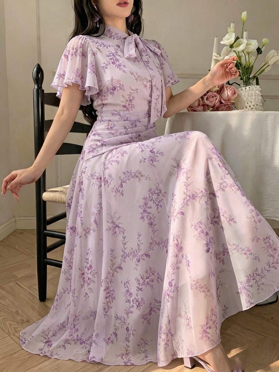 Modelyn 女士系带腰部褶皱印花喇叭连衣裙 - 淡紫色 - 查看 1