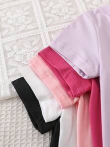 SHEIN Playful Pals 5套女嬰休閒粉色黑白色純色圓領短袖柔軟T恤與短褲套裝，日常春夏季穿搭 - 彩色 - 查看 6