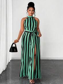 Maweii Plus Size Women's Woven Striped Slit Sexy Jumpsuit - Green - View 3