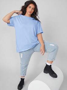 SHEIN BASICS 大码女式纯色圆领短袖休闲百搭T恤 - 藍色 - 查看 4