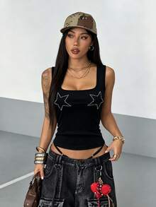 StreetHx Áo tank top ngắn ôm sát in hình ngôi sao năm cánh dành cho nữ - màu đen - Xem 4